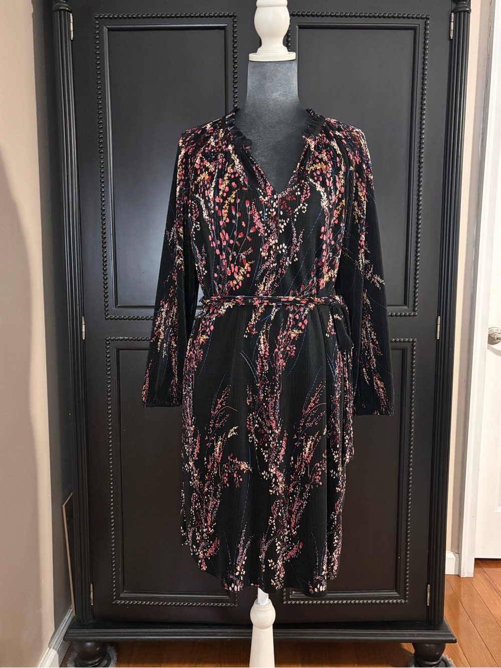 Collective Concepts Black Midi Wrap Dress with Pink Floral Print